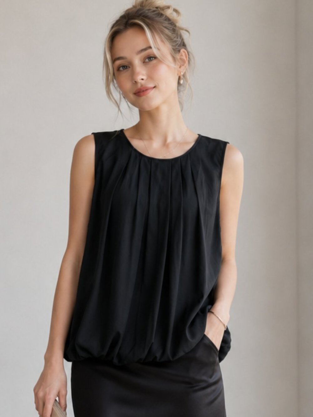 Black Sleeveless Bubble Hem Tunic Top, by La Befana, Women's Small